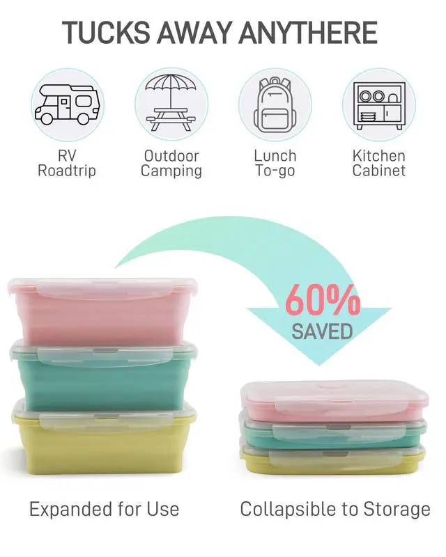 Alt view image 3 of 7 - Collapsible Silicone Food Storage Containers with Lids, 6 Pack Reusable Collapsible Bowls, Silicone Lunch Box Set Food Containers for Meal Prep, Travel, Camping & Leftovers