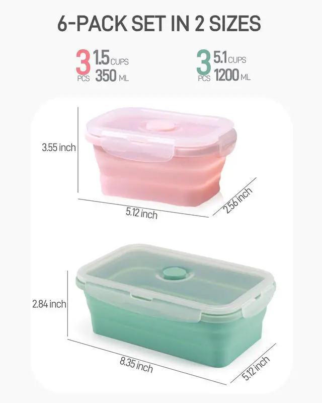Alt view image 5 of 7 - Collapsible Silicone Food Storage Containers with Lids, 6 Pack Reusable Collapsible Bowls, Silicone Lunch Box Set Food Containers for Meal Prep, Travel, Camping & Leftovers
