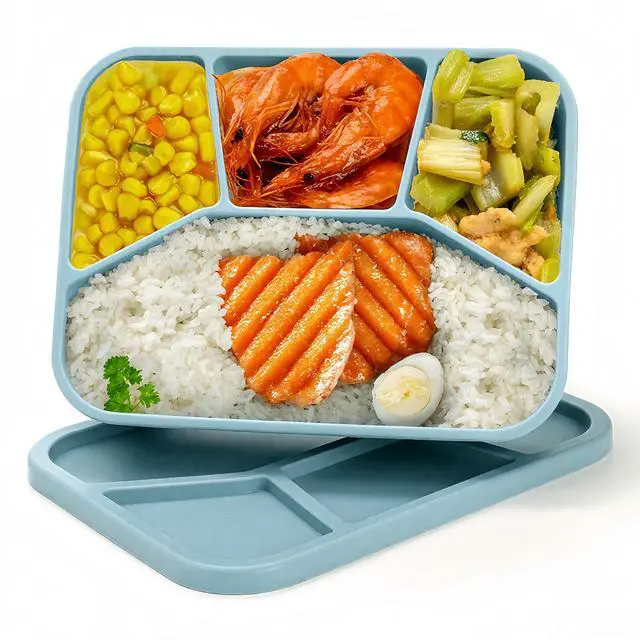 Main image of Silicone Bento Box, 4 Compartment LeakProof Lunch Container, 42 OZ Unbreakable Meal Prep Food Storage Container, Food-Grade Divided Lunch Box for Adult Kid, BPA Free, Oven Dishwasher Safe