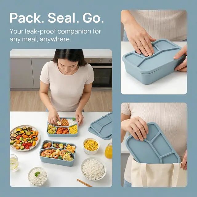 Alt view image 6 of 7 - Silicone Bento Box, 4 Compartment LeakProof Lunch Container, 42 OZ Unbreakable Meal Prep Food Storage Container, Food-Grade Divided Lunch Box for Adult Kid, BPA Free, Oven Dishwasher Safe