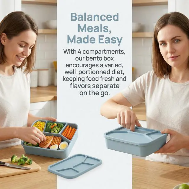Alt view image 5 of 7 - Silicone Bento Box, 4 Compartment LeakProof Lunch Container, 42 OZ Unbreakable Meal Prep Food Storage Container, Food-Grade Divided Lunch Box for Adult Kid, BPA Free, Oven Dishwasher Safe
