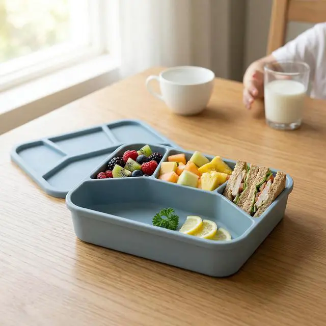 Alt view image 7 of 7 - Silicone Bento Box, 4 Compartment LeakProof Lunch Container, 42 OZ Unbreakable Meal Prep Food Storage Container, Food-Grade Divided Lunch Box for Adult Kid, BPA Free, Oven Dishwasher Safe
