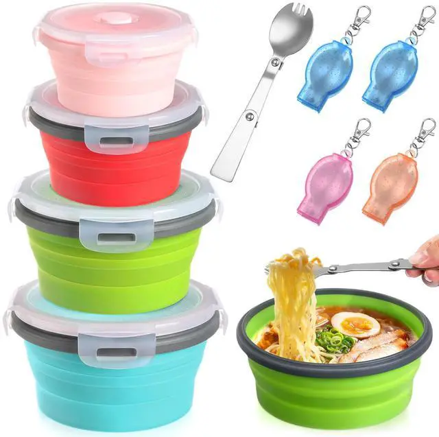 Main image of 4 Sets Large Camping Bowl with Lid 11.8 oz to 41 oz Collapsible and Foldable Fork Silicone Lunch Box Salad Bowl Expandable Food Storage Container Travel for Hiking Camping