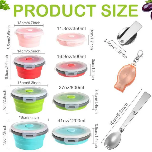 Alt view image 2 of 7 - 4 Sets Large Camping Bowl with Lid 11.8 oz to 41 oz Collapsible and Foldable Fork Silicone Lunch Box Salad Bowl Expandable Food Storage Container Travel for Hiking Camping