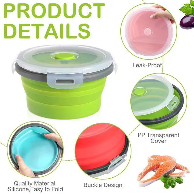 Alt view image 3 of 7 - 4 Sets Large Camping Bowl with Lid 11.8 oz to 41 oz Collapsible and Foldable Fork Silicone Lunch Box Salad Bowl Expandable Food Storage Container Travel for Hiking Camping