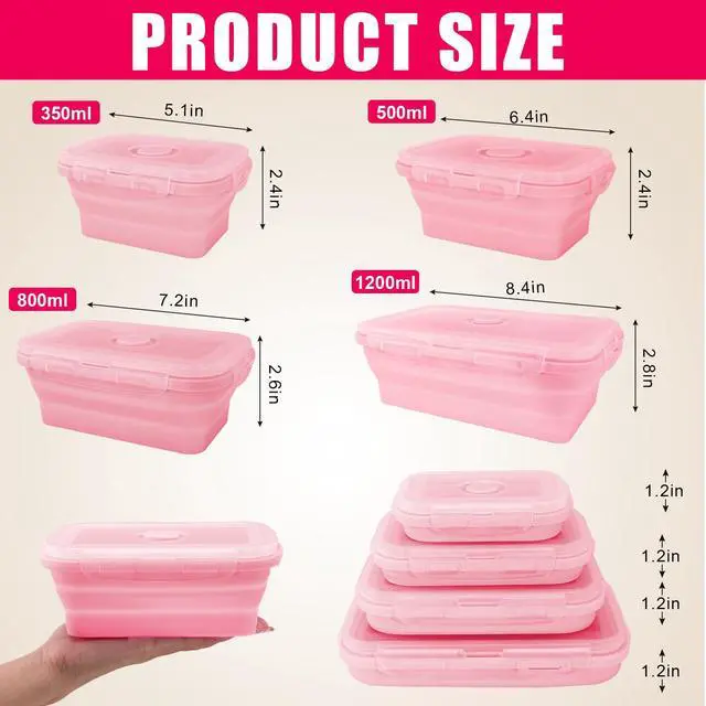 Alt view image 2 of 7 - 4 Pack Collapsible Silicone Food Storage Containers with Lids, Silicone Lunch Box for Kitchen, Foldable Collapsible Meal Prep Container, Microwave, Freezer & Dishwasher Safe, BPA Free