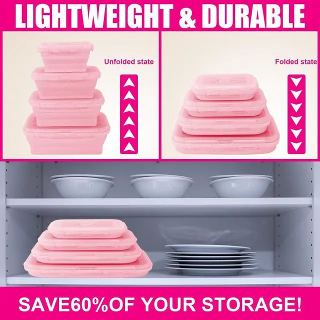 Alt view image 4 of 7 - 4 Pack Collapsible Silicone Food Storage Containers with Lids, Silicone Lunch Box for Kitchen, Foldable Collapsible Meal Prep Container, Microwave, Freezer & Dishwasher Safe, BPA Free