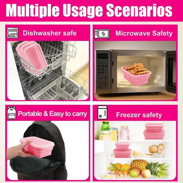 Alt view image 5 of 7 - 4 Pack Collapsible Silicone Food Storage Containers with Lids, Silicone Lunch Box for Kitchen, Foldable Collapsible Meal Prep Container, Microwave, Freezer & Dishwasher Safe, BPA Free