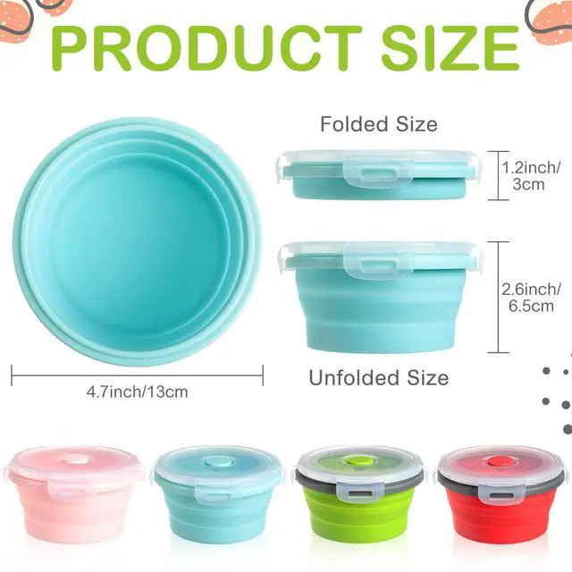 Alt view image 2 of 6 - 4 Pcs Collapsible Bowls with Lids Silicone Camping Food Storage Container Expandable Folding Salad Lunch Box Travel Container for Hiking Camping(Red, Pink, Blue, Green,12 oz)