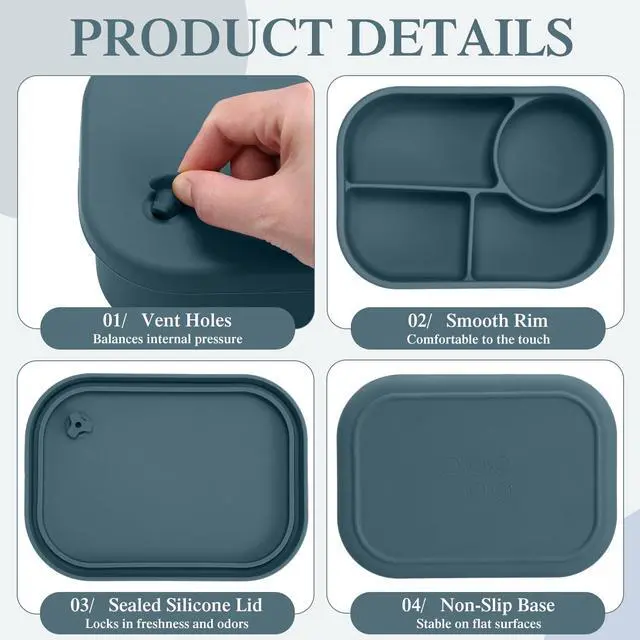 Alt view image 2 of 6 - 4-Compartment Silicone Bento Box, 25 oz Leakproof Lunch Container for Adults, Oven, Dishwasher, Freezer Safe, BPA-Free Meal Prep Storage Box for Office, Travel, Picnic(Dark Blue)