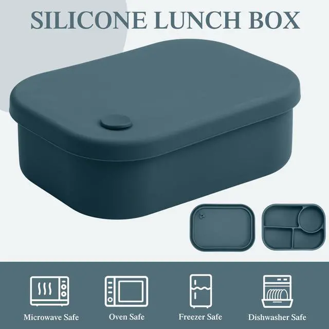 Alt view image 4 of 6 - 4-Compartment Silicone Bento Box, 25 oz Leakproof Lunch Container for Adults, Oven, Dishwasher, Freezer Safe, BPA-Free Meal Prep Storage Box for Office, Travel, Picnic(Dark Blue)