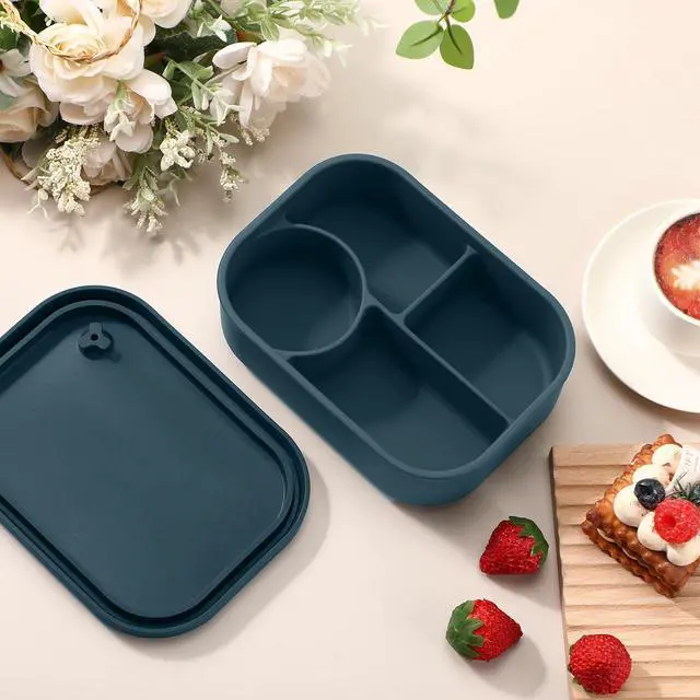 Alt view image 5 of 6 - 4-Compartment Silicone Bento Box, 25 oz Leakproof Lunch Container for Adults, Oven, Dishwasher, Freezer Safe, BPA-Free Meal Prep Storage Box for Office, Travel, Picnic(Dark Blue)