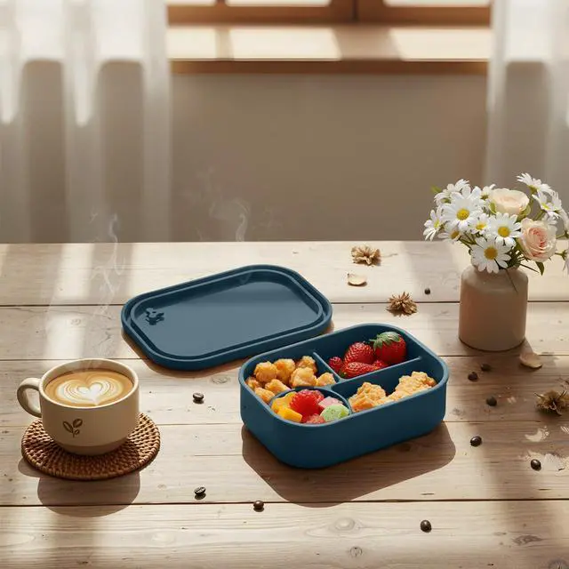 Alt view image 6 of 6 - 4-Compartment Silicone Bento Box, 25 oz Leakproof Lunch Container for Adults, Oven, Dishwasher, Freezer Safe, BPA-Free Meal Prep Storage Box for Office, Travel, Picnic(Dark Blue)