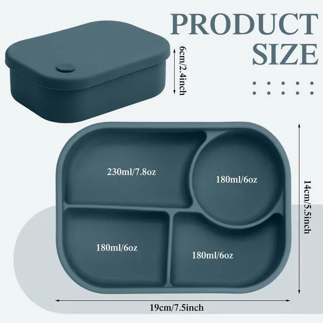 Alt view image 3 of 6 - 4-Compartment Silicone Bento Box, 25 oz Leakproof Lunch Container for Adults, Oven, Dishwasher, Freezer Safe, BPA-Free Meal Prep Storage Box for Office, Travel, Picnic(Dark Blue)