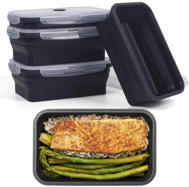 Main image of Collapsible Food Storage Containers with Lids, 4 Pack, 40 oz Silicone 1-Compartment Meal Prep Containers Reusable, Lunch Bento Boxes for Adults, Microwave Freezer Dishwasher Safe, BPA-Free, Black