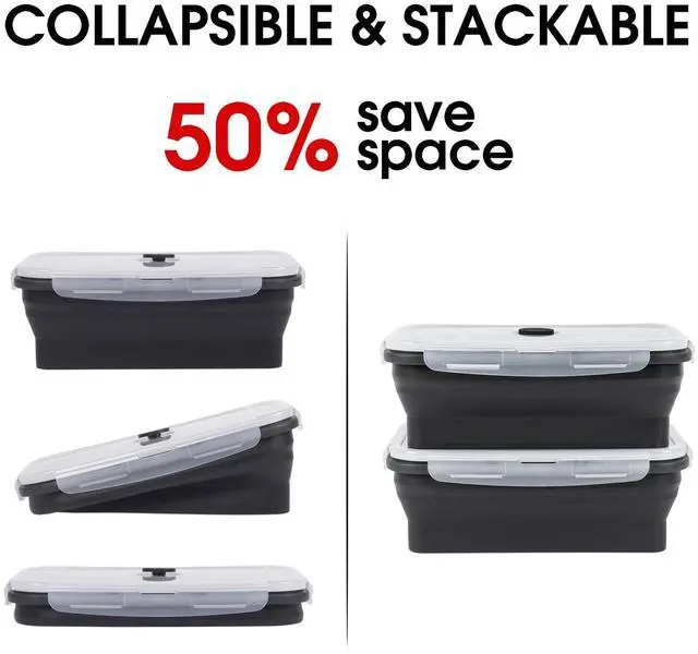 Alt view image 4 of 7 - Collapsible Food Storage Containers with Lids, 4 Pack, 40 oz Silicone 1-Compartment Meal Prep Containers Reusable, Lunch Bento Boxes for Adults, Microwave Freezer Dishwasher Safe, BPA-Free, Black