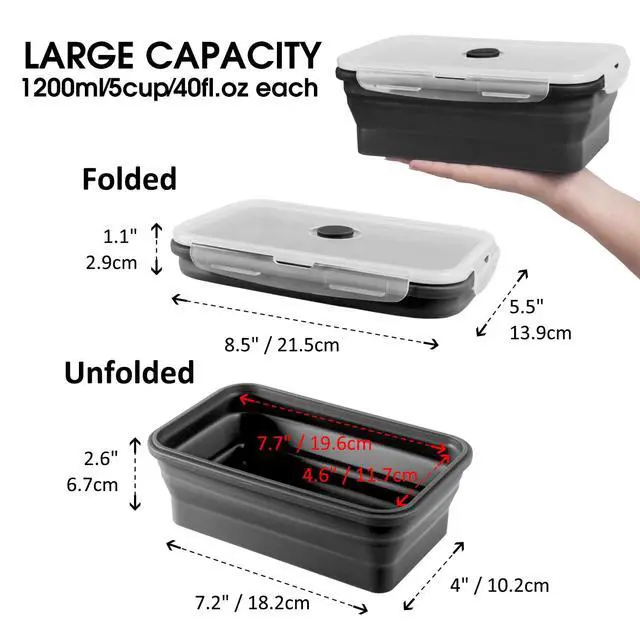 Alt view image 7 of 7 - Collapsible Food Storage Containers with Lids, 4 Pack, 40 oz Silicone 1-Compartment Meal Prep Containers Reusable, Lunch Bento Boxes for Adults, Microwave Freezer Dishwasher Safe, BPA-Free, Black