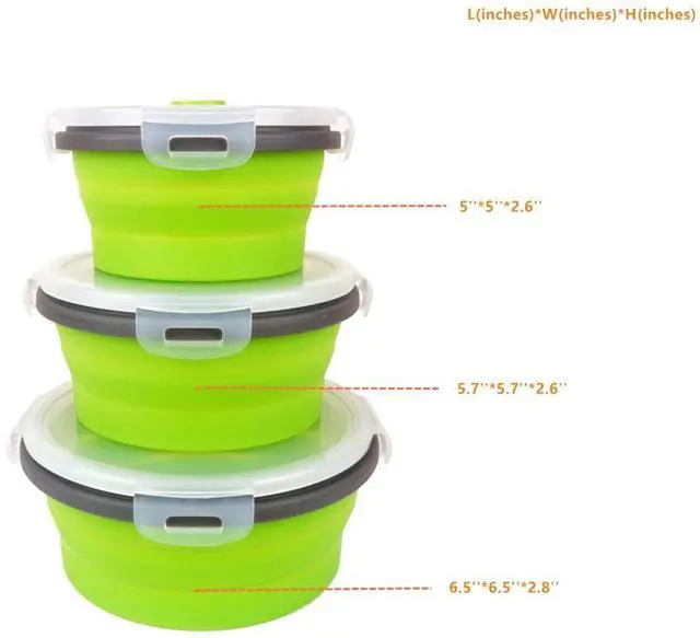 Alt view image 2 of 6 - Green Silicone Collapsible Food Storage Containers-Prep/Storage Bowls with Lids - Round Silicone Food Storage Containers - Microwave and Freezer Safe 3Pack