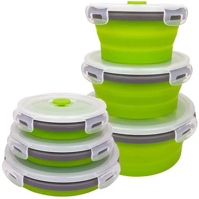 Main image of Green Silicone Collapsible Food Storage Containers-Prep/Storage Bowls with Lids - Round Silicone Food Storage Containers - Microwave and Freezer Safe 3Pack