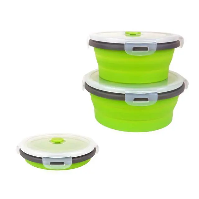 Alt view image 6 of 6 - Green Silicone Collapsible Food Storage Containers-Prep/Storage Bowls with Lids - Round Silicone Food Storage Containers - Microwave and Freezer Safe 3Pack