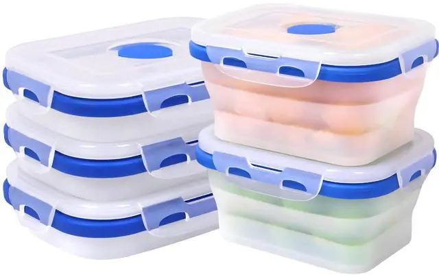 Main image of 5 Pack Collapsible Translucent Silicone Food Storage Containers with Leak Resistant Lids, 12oz Small Snack Bento Box, For Kitchen, Office, Camping, Travel, BPA Free