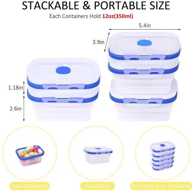 Alt view image 3 of 7 - 5 Pack Collapsible Translucent Silicone Food Storage Containers with Leak Resistant Lids, 12oz Small Snack Bento Box, For Kitchen, Office, Camping, Travel, BPA Free