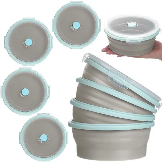 Main image of 4 Pcs Collapsible Bowls with Lids Silicone Camping Food Storage Container Expandable Folding Salad Lunch Box Travel Container for Hiking Camping(Blue Rim Gray,17 oz)