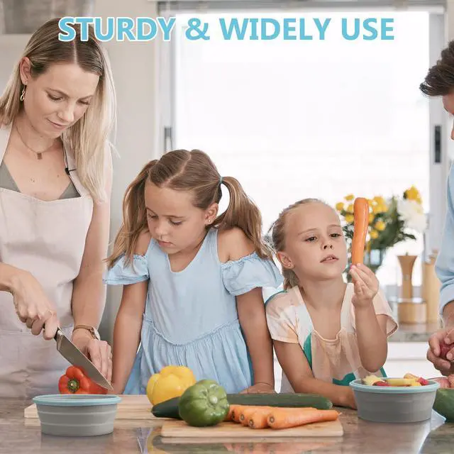 Alt view image 5 of 7 - 4 Pcs Collapsible Bowls with Lids Silicone Camping Food Storage Container Expandable Folding Salad Lunch Box Travel Container for Hiking Camping(Blue Rim Gray,17 oz)