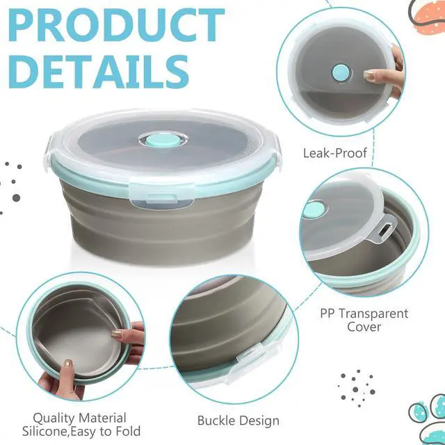 Alt view image 3 of 7 - 4 Pcs Collapsible Bowls with Lids Silicone Camping Food Storage Container Expandable Folding Salad Lunch Box Travel Container for Hiking Camping(Blue Rim Gray,17 oz)