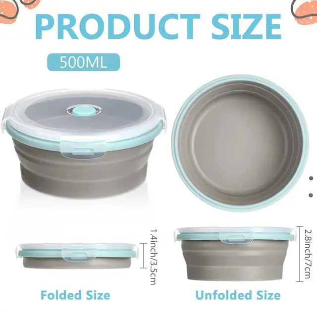 Alt view image 2 of 7 - 4 Pcs Collapsible Bowls with Lids Silicone Camping Food Storage Container Expandable Folding Salad Lunch Box Travel Container for Hiking Camping(Blue Rim Gray,17 oz)