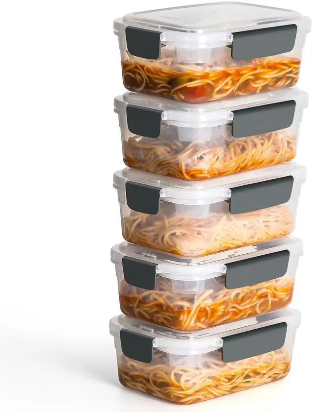 Main image of 5 cup Plastic Food Storage Containers with Lids Nestable Freezer Dishwasher Safe Rectangle Meal Prep Container Set,5-Pack