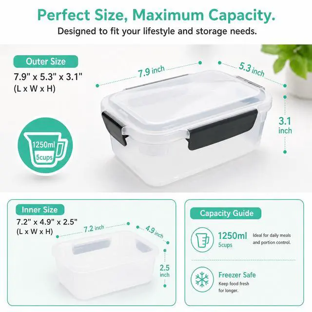 Alt view image 2 of 7 - 5 cup Plastic Food Storage Containers with Lids Nestable Freezer Dishwasher Safe Rectangle Meal Prep Container Set,5-Pack