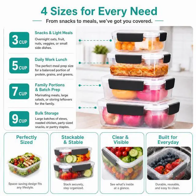 Alt view image 3 of 7 - 5 cup Plastic Food Storage Containers with Lids Nestable Freezer Dishwasher Safe Rectangle Meal Prep Container Set,5-Pack