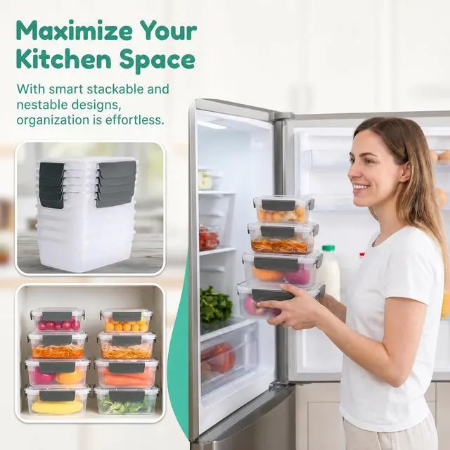 Alt view image 5 of 7 - 5 cup Plastic Food Storage Containers with Lids Nestable Freezer Dishwasher Safe Rectangle Meal Prep Container Set,5-Pack
