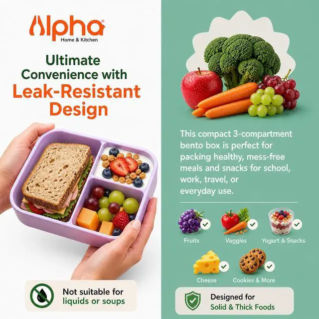Alt view image 3 of 7 - Silicone Bento Box for Kids, 3 Compartment Lunch Box, Small Portions, BPA Free Snack Container, Leak Resistant, Easy to Clean, Dishwasher Safe
