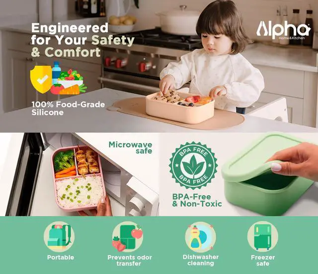 Alt view image 5 of 7 - Silicone Bento Box for Kids, 3 Compartment Lunch Box, Small Portions, BPA Free Snack Container, Leak Resistant, Easy to Clean, Dishwasher Safe
