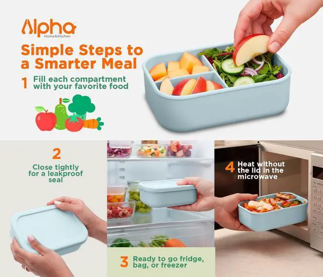Alt view image 6 of 7 - Silicone Bento Box for Kids, 3 Compartment Lunch Box, Small Portions, BPA Free Snack Container, Leak Resistant, Easy to Clean, Dishwasher Safe