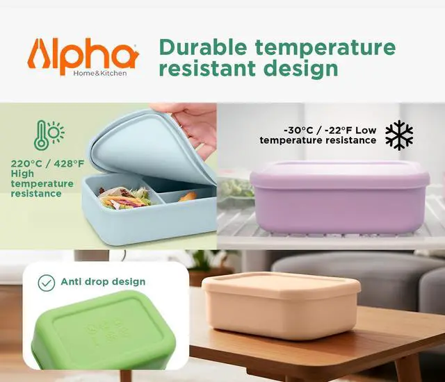 Alt view image 7 of 7 - Silicone Bento Box for Kids, 3 Compartment Lunch Box, Small Portions, BPA Free Snack Container, Leak Resistant, Easy to Clean, Dishwasher Safe