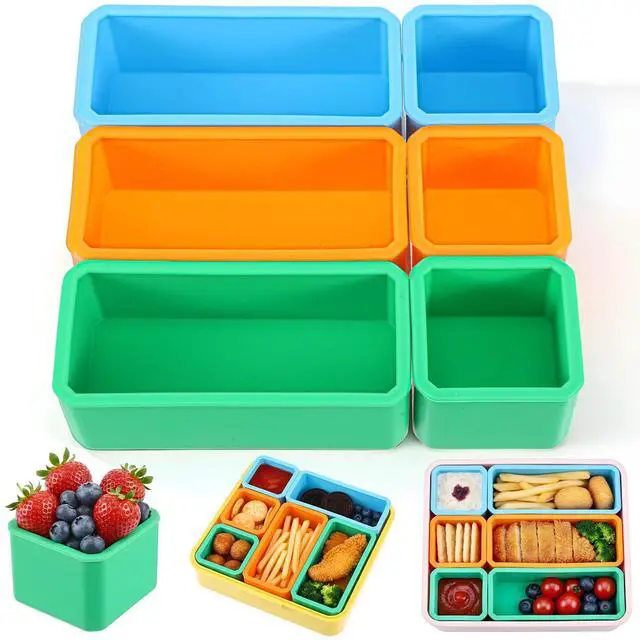 Main image of 6 Pack Silicone Bento Box Dividers, Reusable Leakproof Dips Containers for Lunch Box, Dishwasher Microwave Freezer Safe, Meal Prep Food Storage, 3 Colors