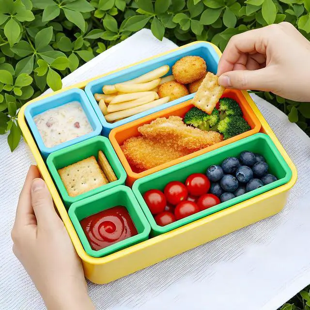 Alt view image 5 of 7 - 6 Pack Silicone Bento Box Dividers, Reusable Leakproof Dips Containers for Lunch Box, Dishwasher Microwave Freezer Safe, Meal Prep Food Storage, 3 Colors