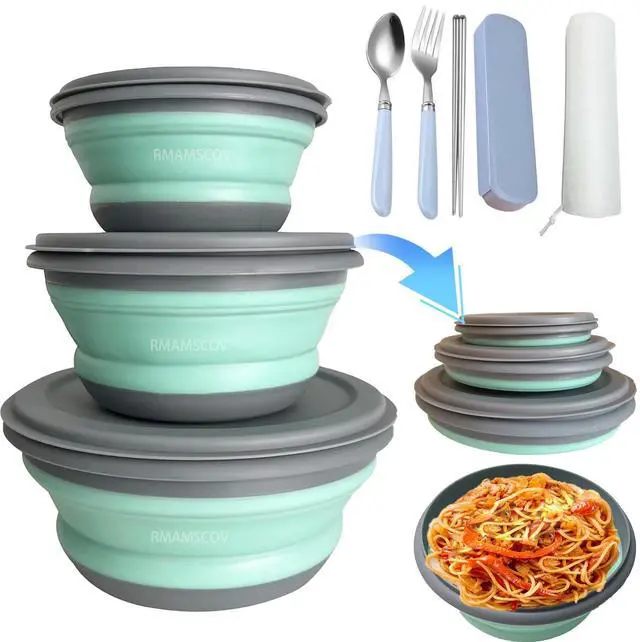 Main image of Collapsible Camping Bowl with Lid, Silicone Salad Bowl Serving, Microwave Foldable Soup Ramen Serving for Travel, Picnic, Rv(Blue)
