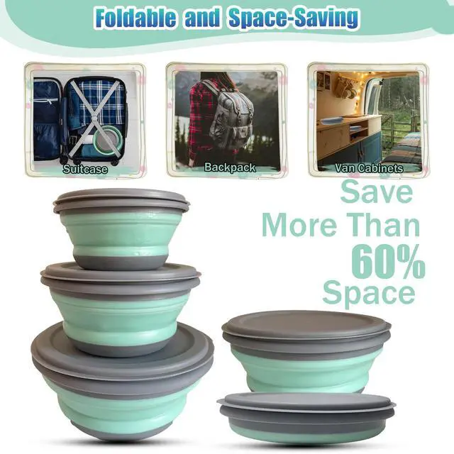 Alt view image 3 of 7 - Collapsible Camping Bowl with Lid, Silicone Salad Bowl Serving, Microwave Foldable Soup Ramen Serving for Travel, Picnic, Rv(Blue)