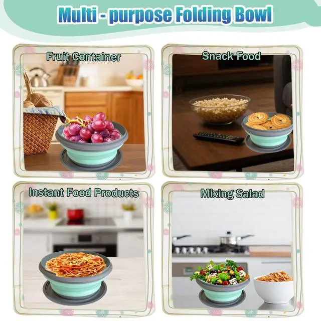Alt view image 4 of 7 - Collapsible Camping Bowl with Lid, Silicone Salad Bowl Serving, Microwave Foldable Soup Ramen Serving for Travel, Picnic, Rv(Blue)
