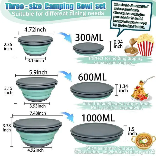 Alt view image 2 of 7 - Collapsible Camping Bowl with Lid, Silicone Salad Bowl Serving, Microwave Foldable Soup Ramen Serving for Travel, Picnic, Rv(Blue)