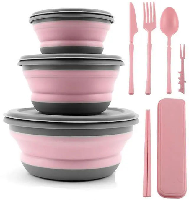 Main image of Collapsible Bowl, 3 Pcs Food Grade Silicone Camping Bowl, Expandable Salad Bowl Lunch Box with Lid & Tableware for Travel and Picnic