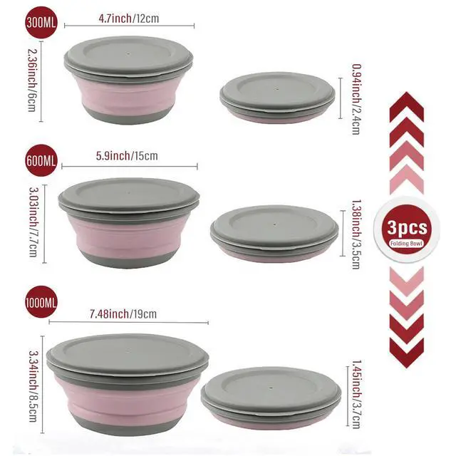 Alt view image 2 of 3 - Collapsible Bowl, 3 Pcs Food Grade Silicone Camping Bowl, Expandable Salad Bowl Lunch Box with Lid & Tableware for Travel and Picnic