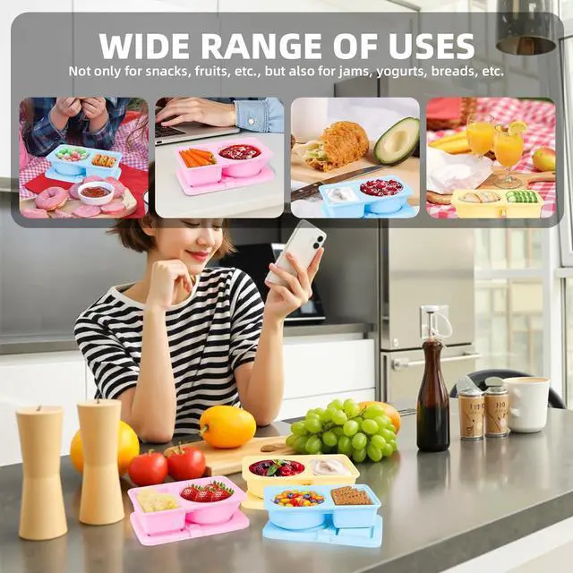 Alt view image 3 of 6 - 3 Pack Silicone Reusable Snack Containers with Lids, Double Compartment Snackle Box Containers, Salad Dressing Sauce Seasoning Container, Small Mini Food Snack Boxs for Travel, Office, Picnic