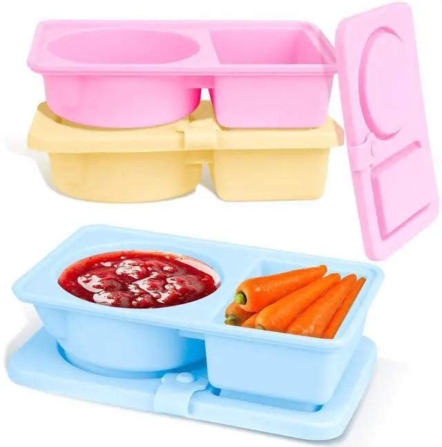 Main image of 3 Pack Silicone Reusable Snack Containers with Lids, Double Compartment Snackle Box Containers, Salad Dressing Sauce Seasoning Container, Small Mini Food Snack Boxs for Travel, Office, Picnic