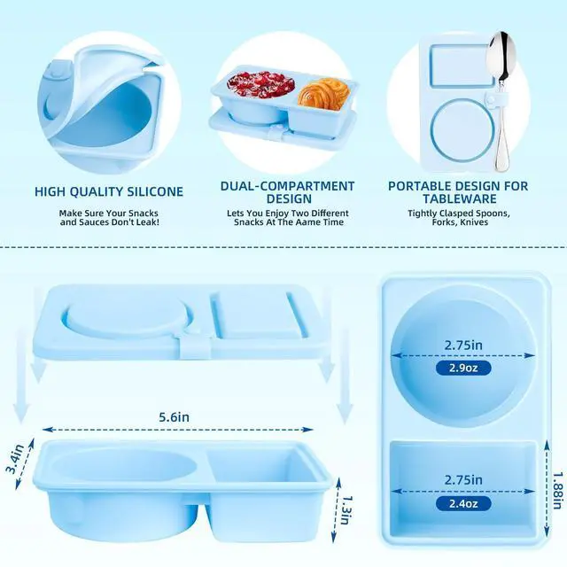 Alt view image 2 of 6 - 3 Pack Silicone Reusable Snack Containers with Lids, Double Compartment Snackle Box Containers, Salad Dressing Sauce Seasoning Container, Small Mini Food Snack Boxs for Travel, Office, Picnic