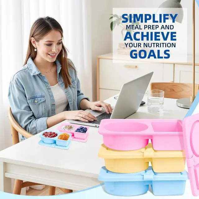 Alt view image 5 of 6 - 3 Pack Silicone Reusable Snack Containers with Lids, Double Compartment Snackle Box Containers, Salad Dressing Sauce Seasoning Container, Small Mini Food Snack Boxs for Travel, Office, Picnic
